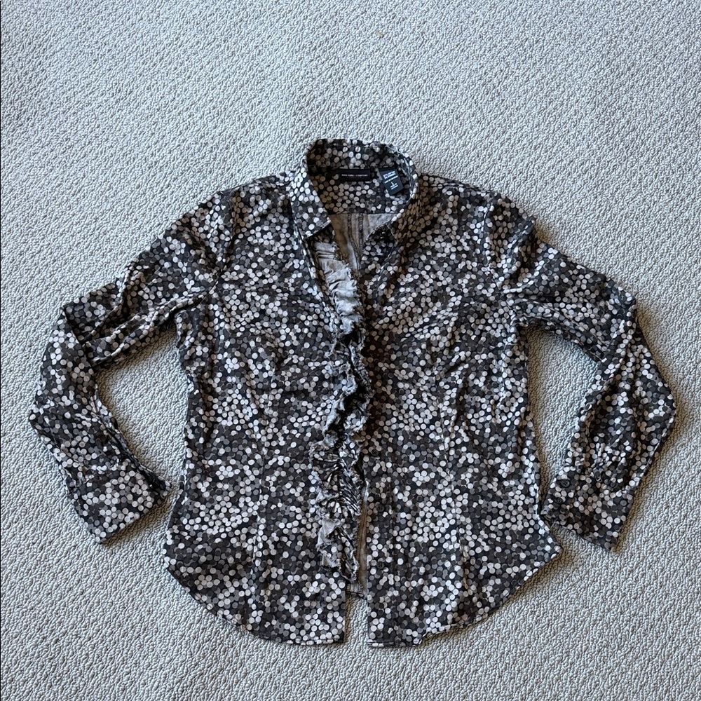 New York & Company Black and Taupe Polka Dot Ruffle Front Blazer